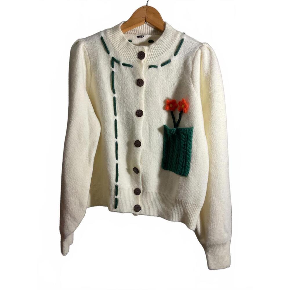 Charming White Button-Up Sweater with Floral Pocket  Puff sleeves Large